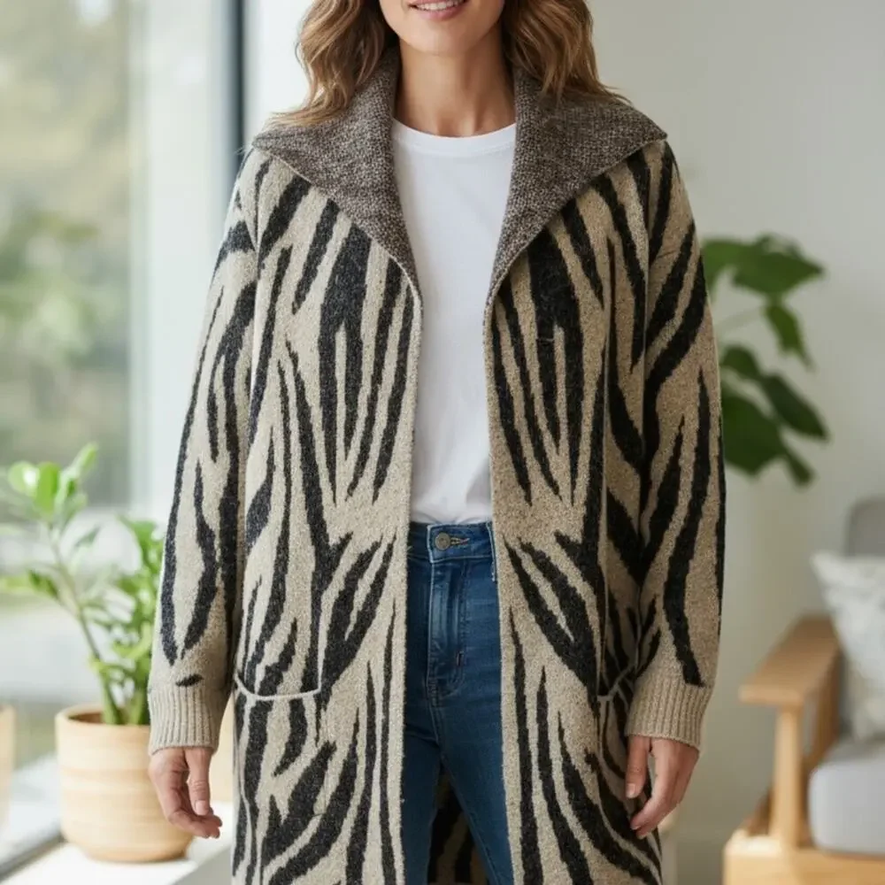 Cyrus Black and Tan Open Front Zebra Print Cardigan Size Large EUC